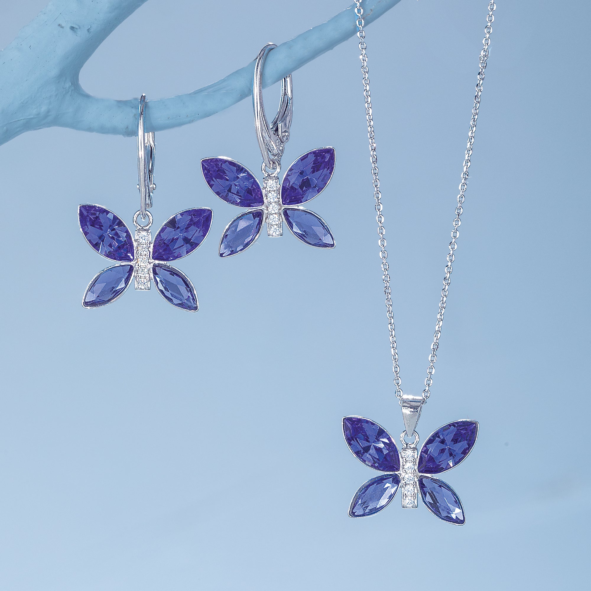 Blue Crystal Butterfly Necklace & Earrings Set (preorder) 