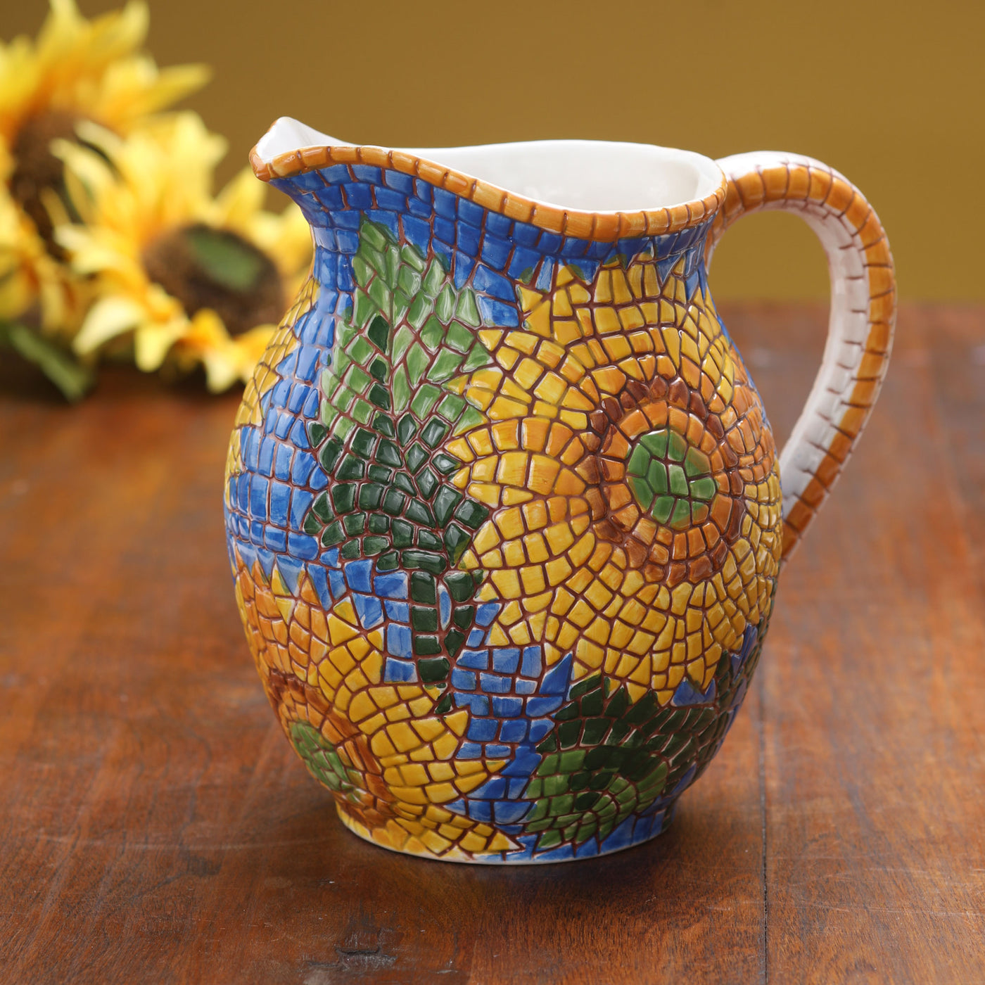 Italian Mosaic Blue Sunflower Pitcher