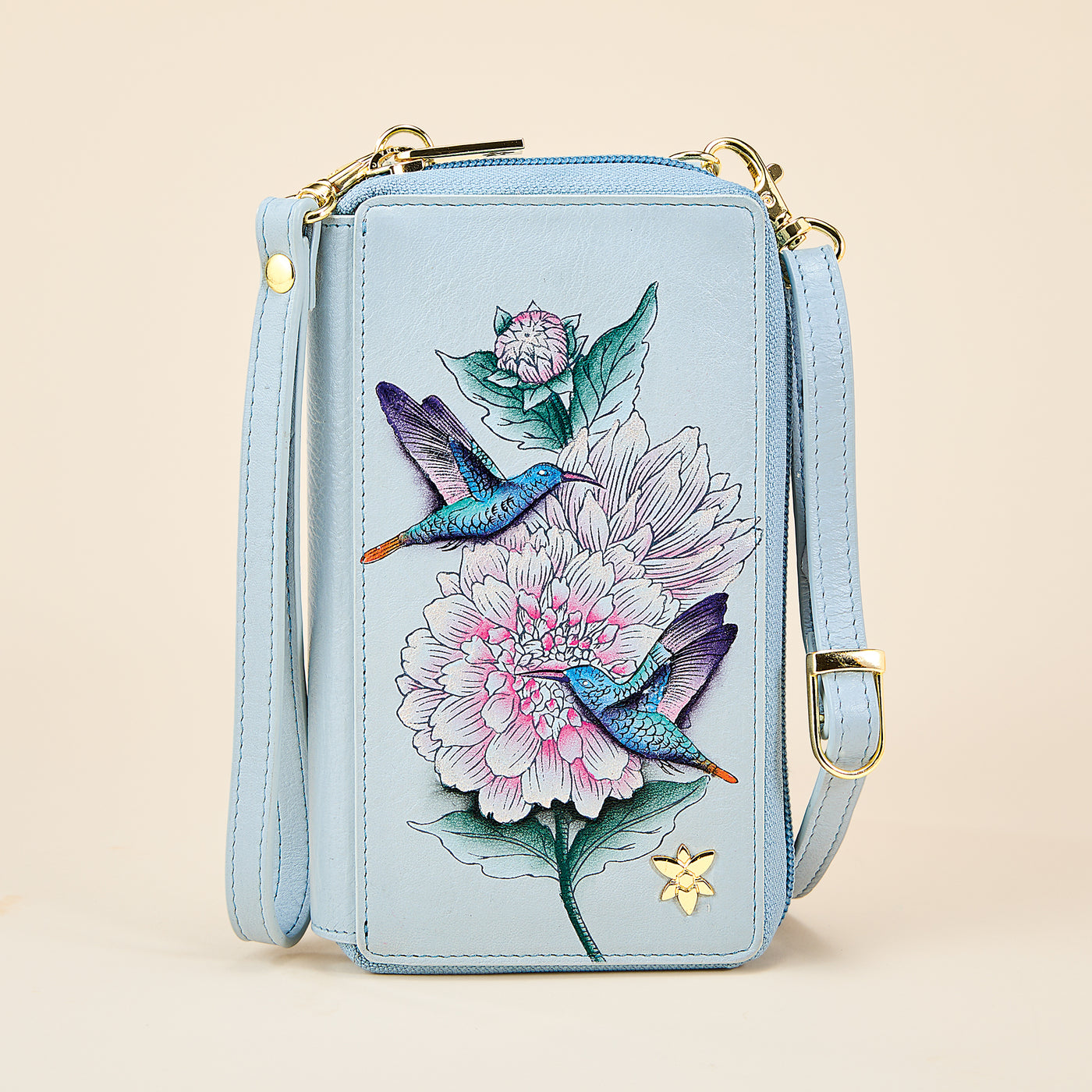 Hand-Painted Hummingbirds & Dahlias Leather Cellphone Crossbody