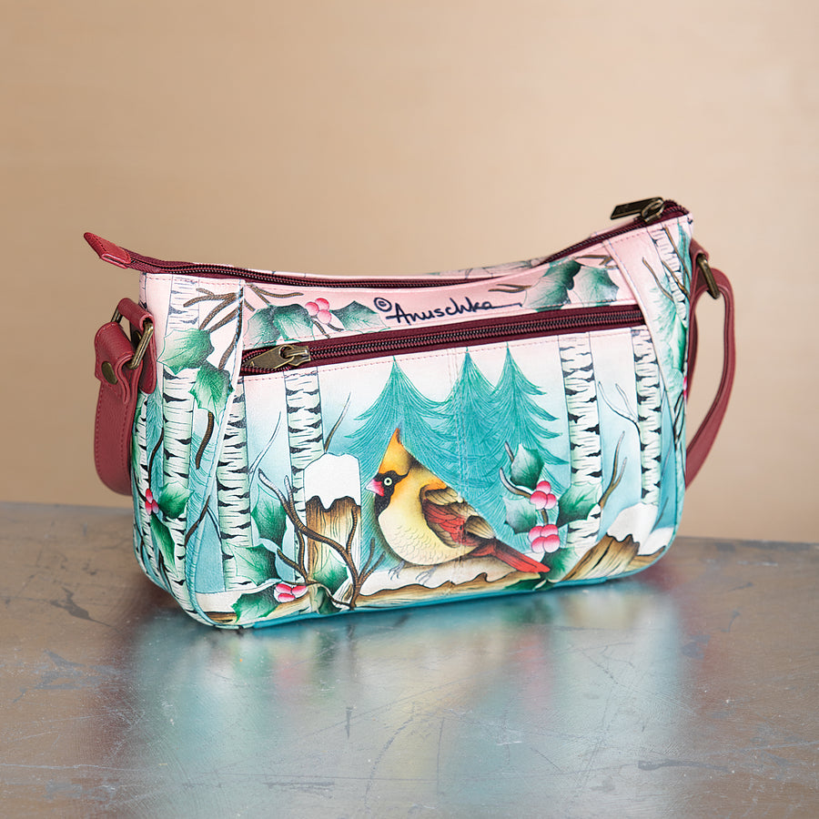 Hand-Painted Snowy Cardinals Hobo Bag