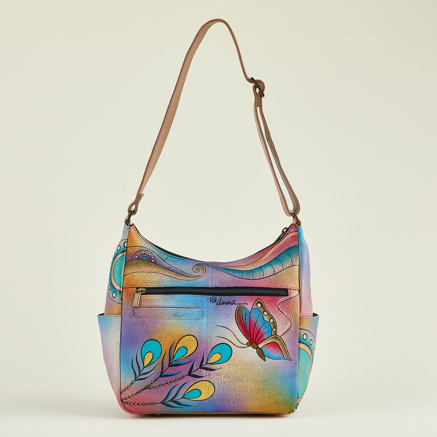 Hand-Painted Peacock Feathers Hobo Bag