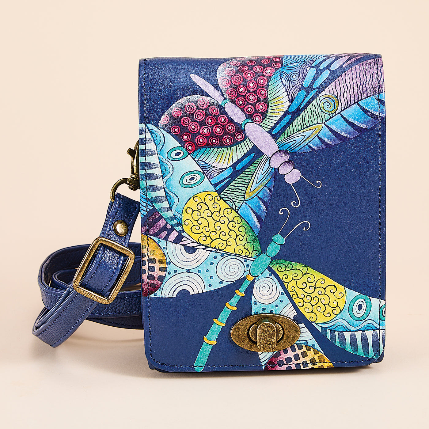 Hand-Painted Dragonfly Dance Leather Crossbody