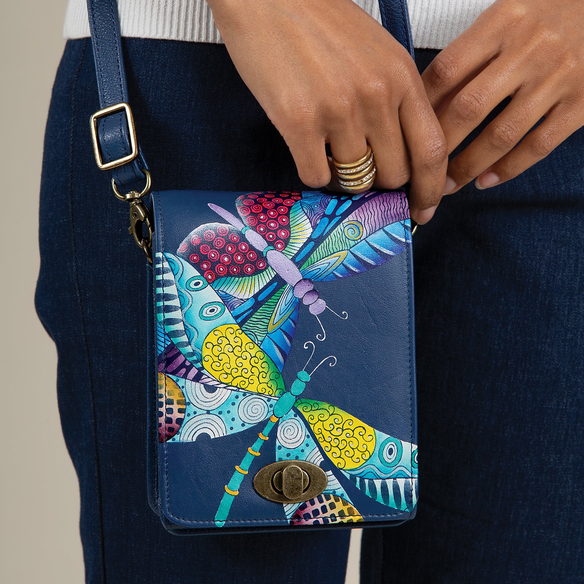 Hand-Painted Dragonfly Dance Leather Crossbody