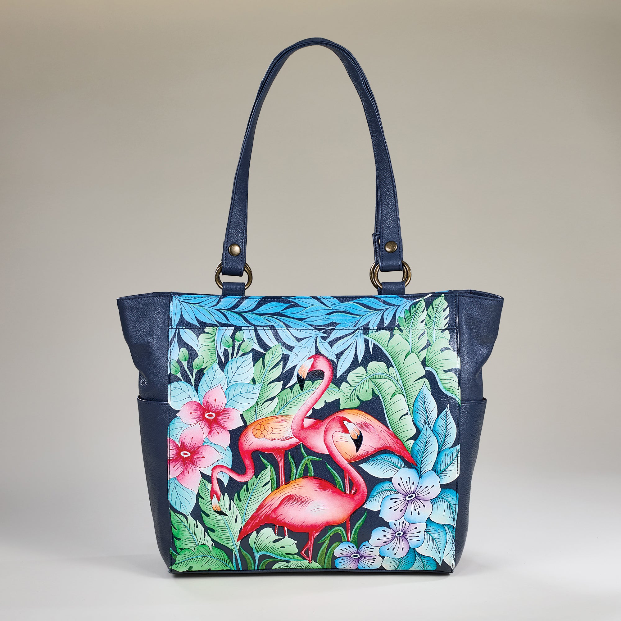 Hand-Painted Flowers & Flamingos Leather Tote