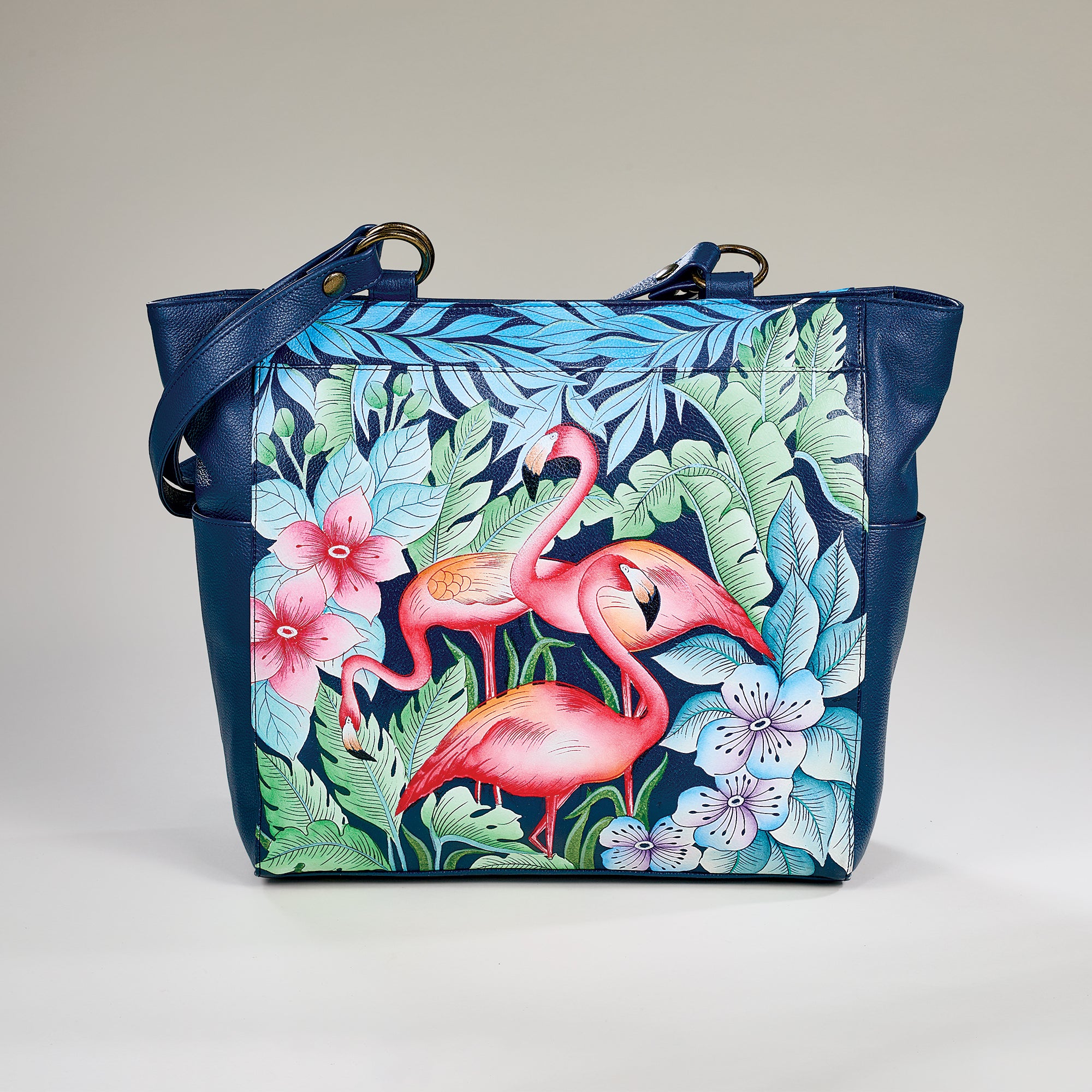 Hand-Painted Flowers & Flamingos Leather Tote