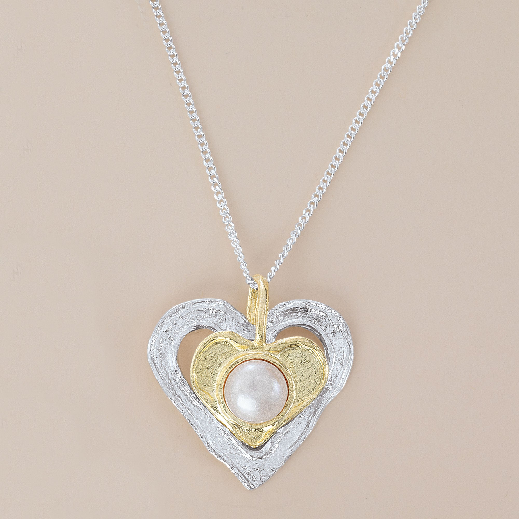 Silver & Gold Heart Necklace With Freshwater Pearl