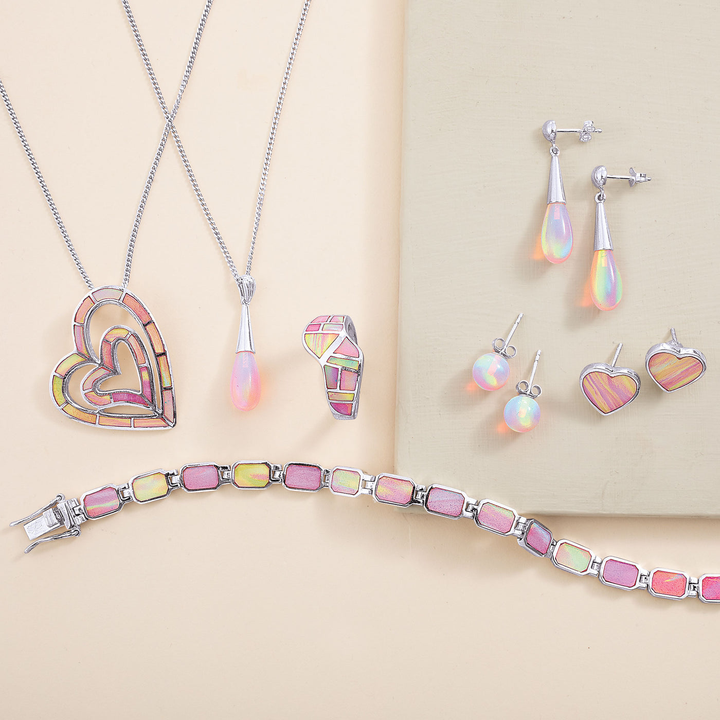 Sterling Silver & Blush Opal Double Heart Pendant Necklace