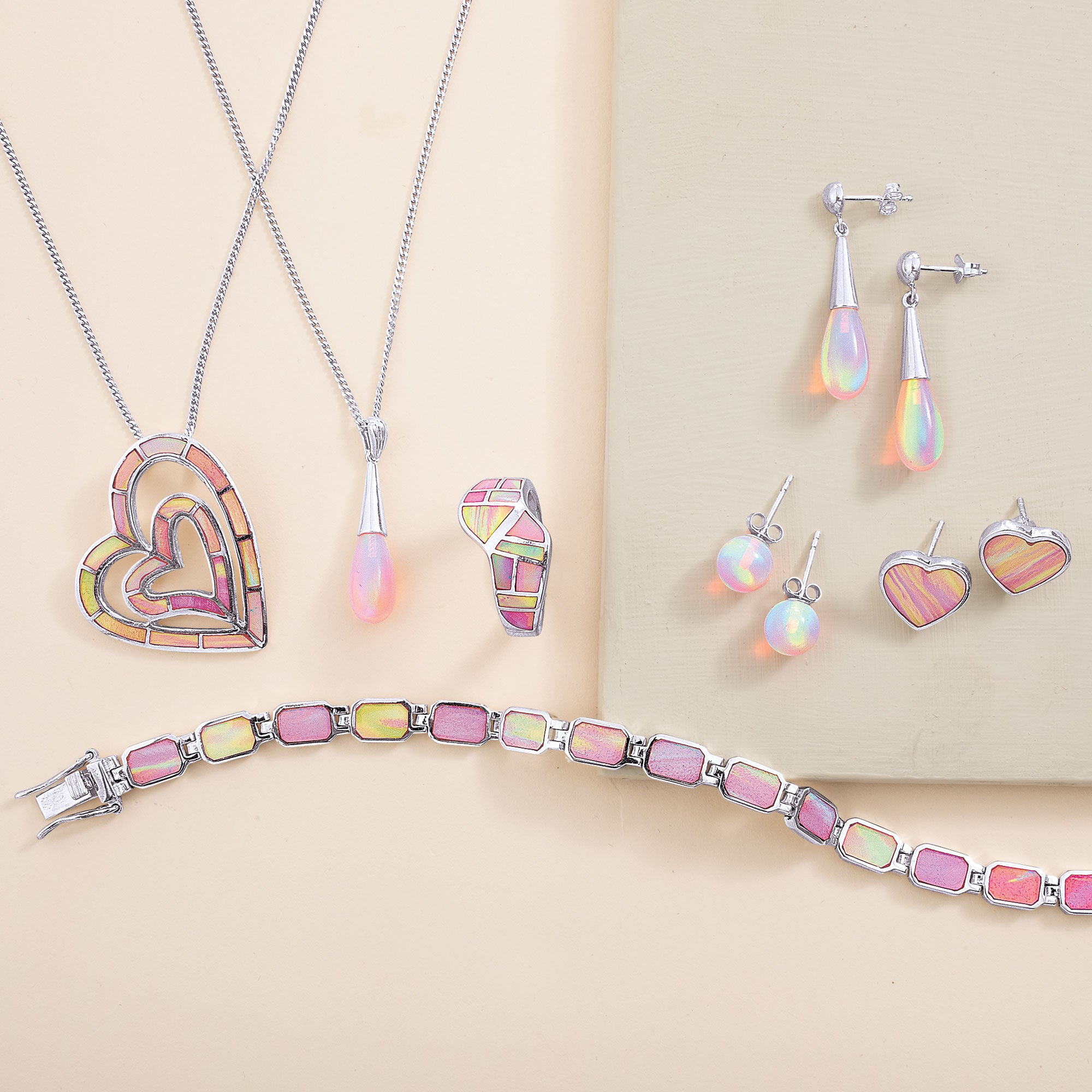 Sterling Silver & Blush Opal Double Heart Pendant Necklace