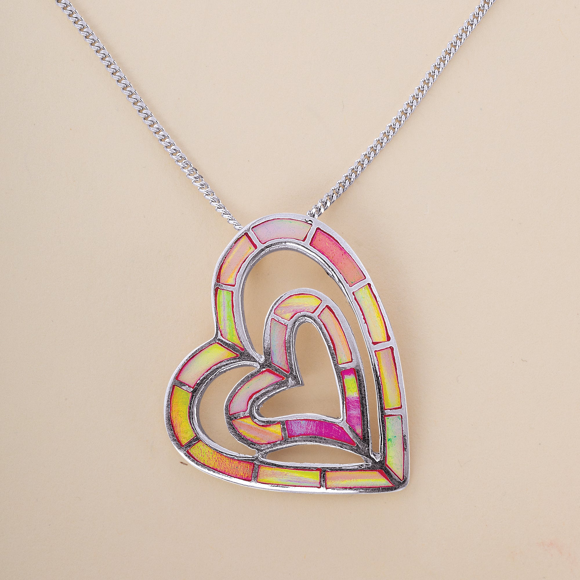 Sterling Silver & Blush Opal Double Heart Pendant Necklace