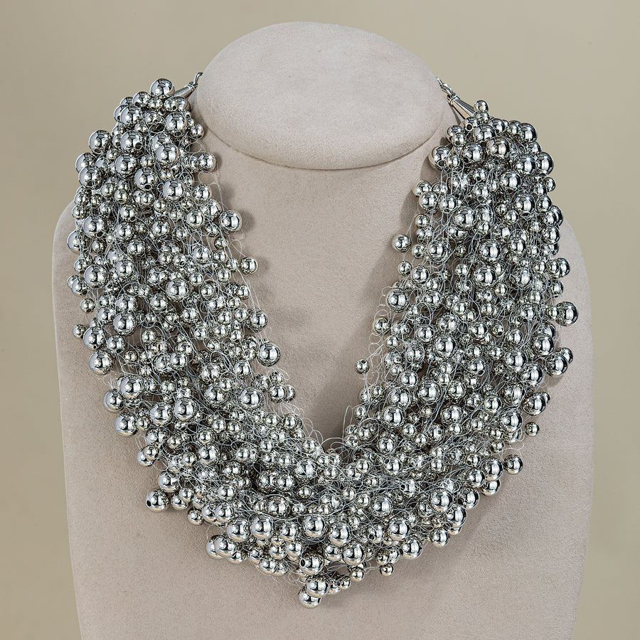 Silver Beaded Cluster Necklace