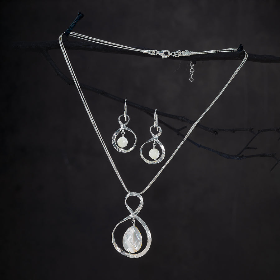 Mother Of Pearl And Sterling Silver Infinity Necklace & Earrings Set (Preorder)