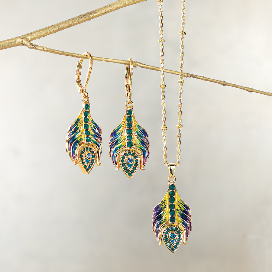 Crystal Peacock Feather Necklace & Earrings Set