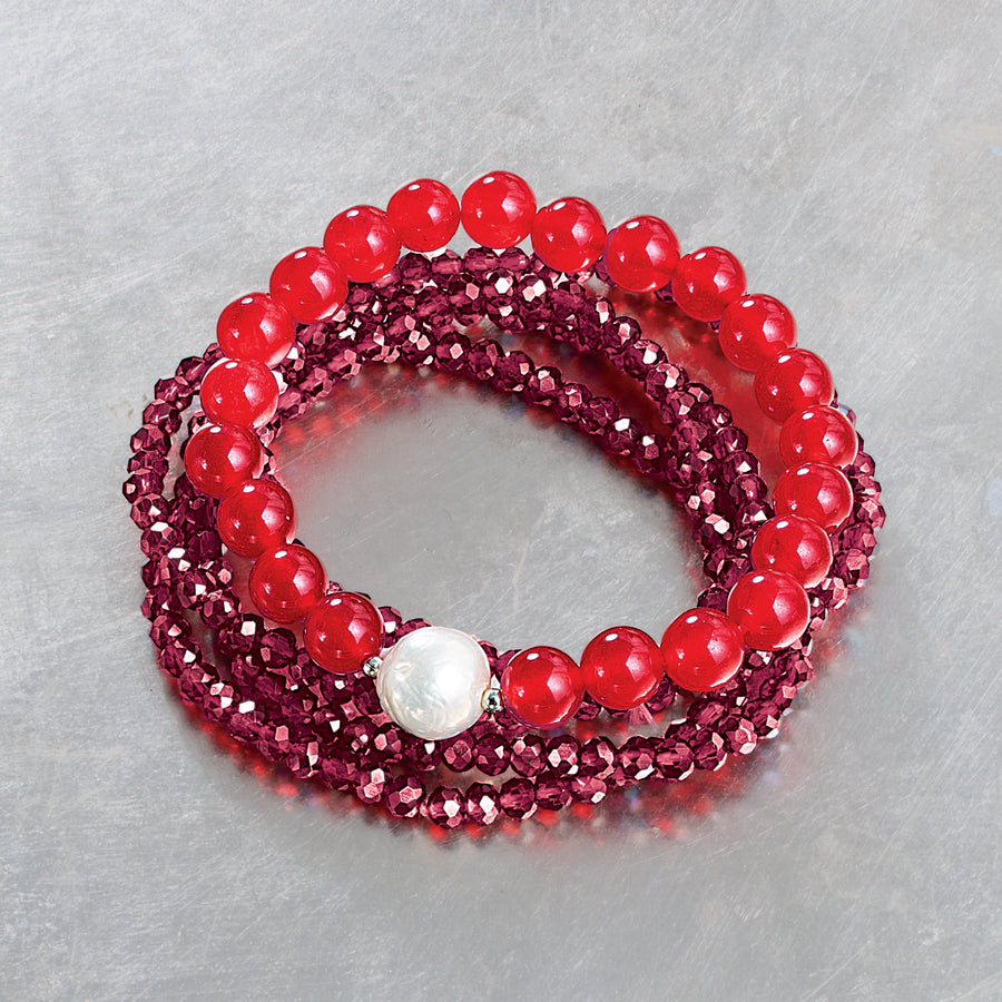 Red Jasper & Crystal Bracelets Set Of 5