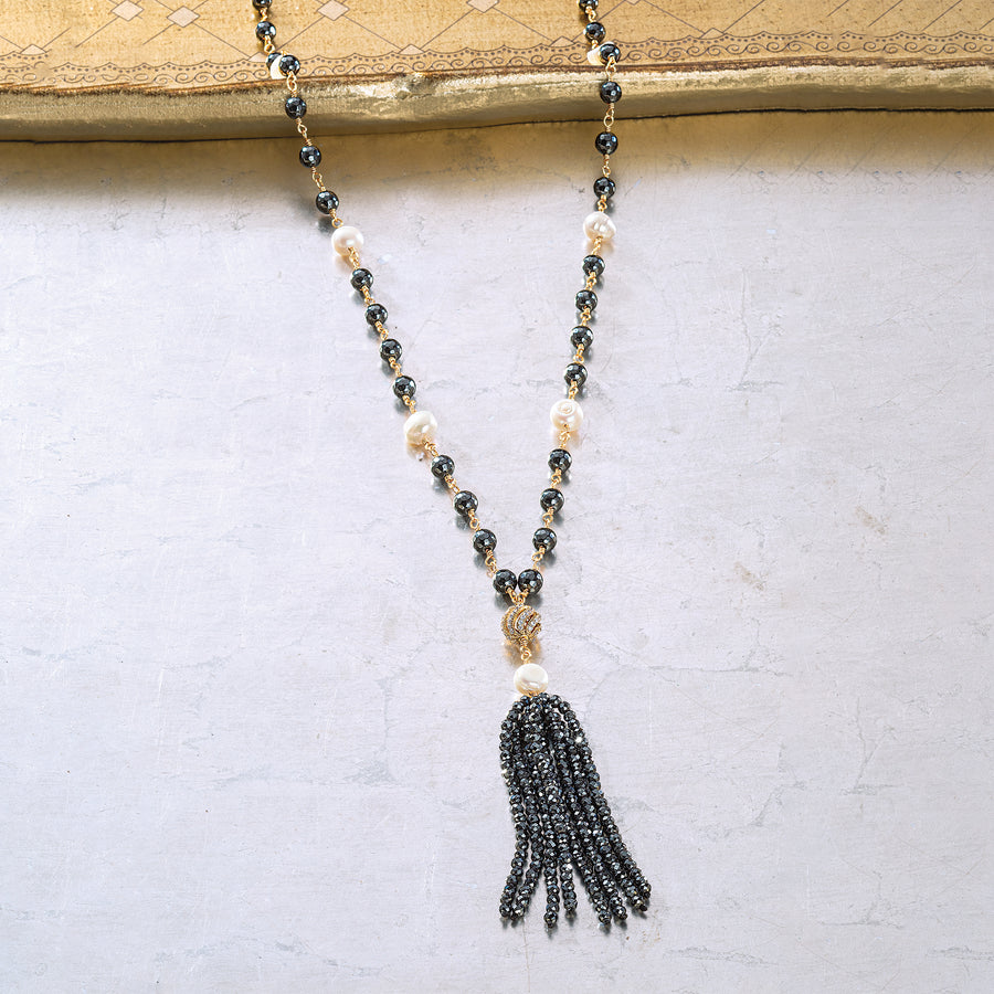 Faceted Hematite & Freshwater Pearl Tassel Necklace