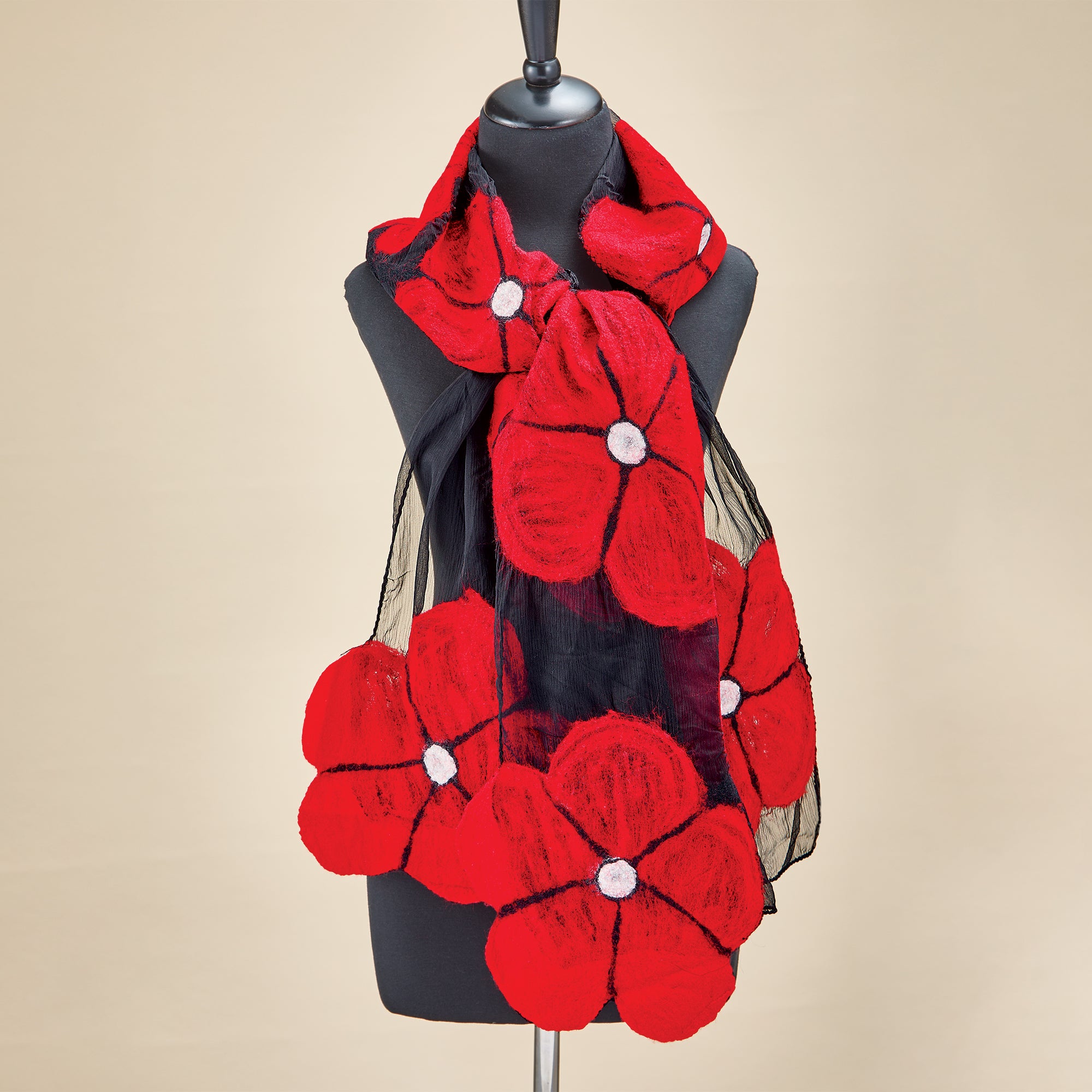 Hand-Shaped Floral Red & Black Silk Scarf (Preorder)