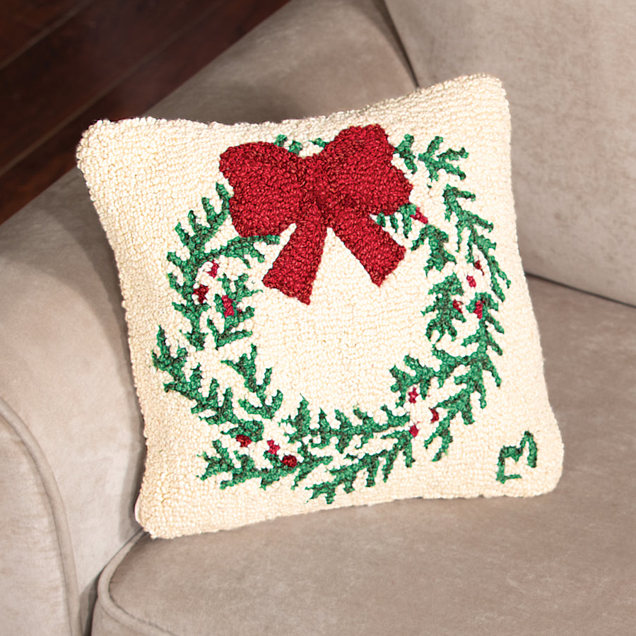 Hand-Hooked & Loomed Holly Wreath Pillow