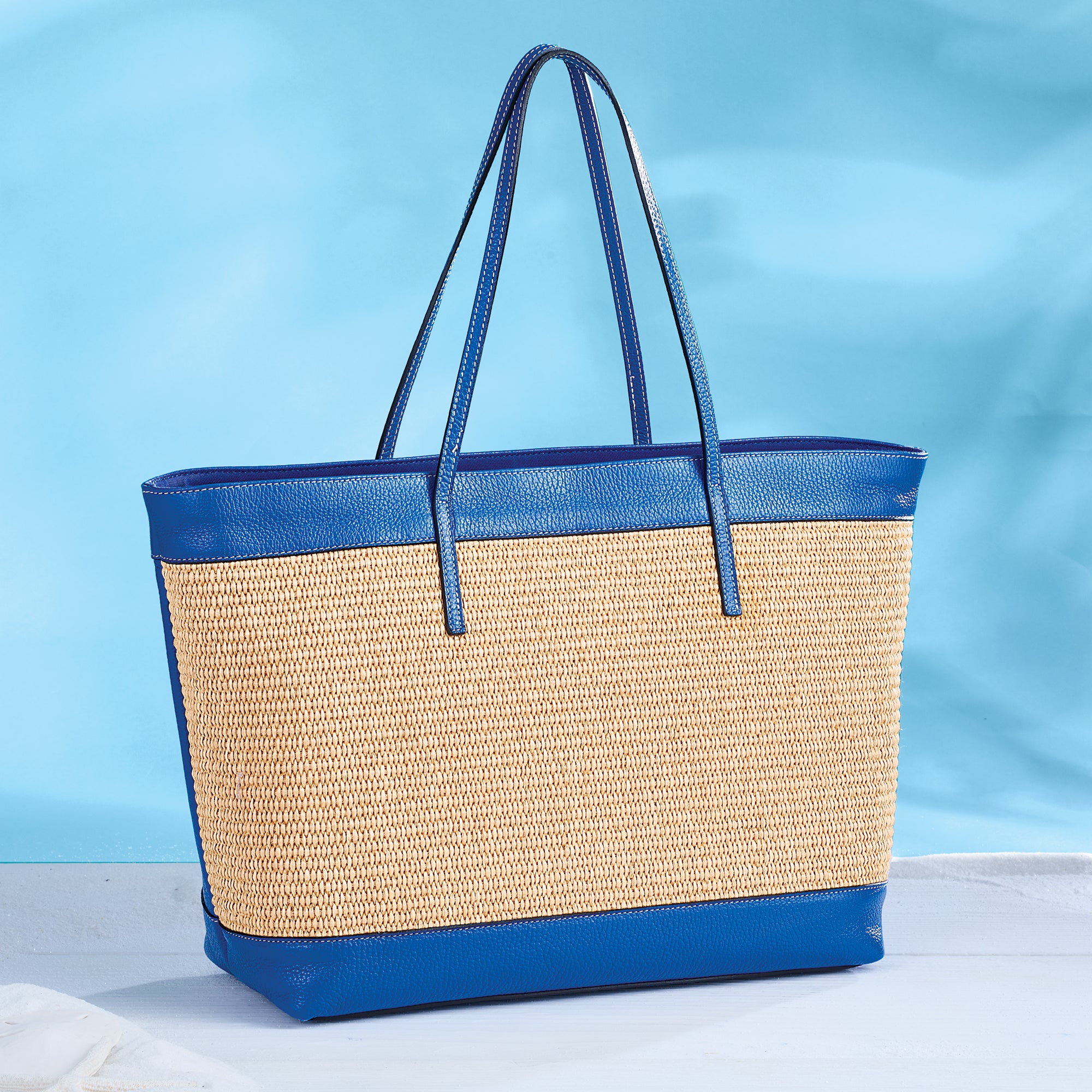 Portofino Cobalt Italian Leather & Straw Tote | Uno Alla Volta