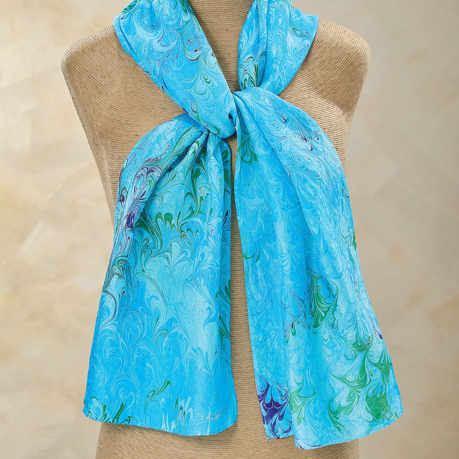 Turquoise Swirls Hand Marbled Silk Scarf