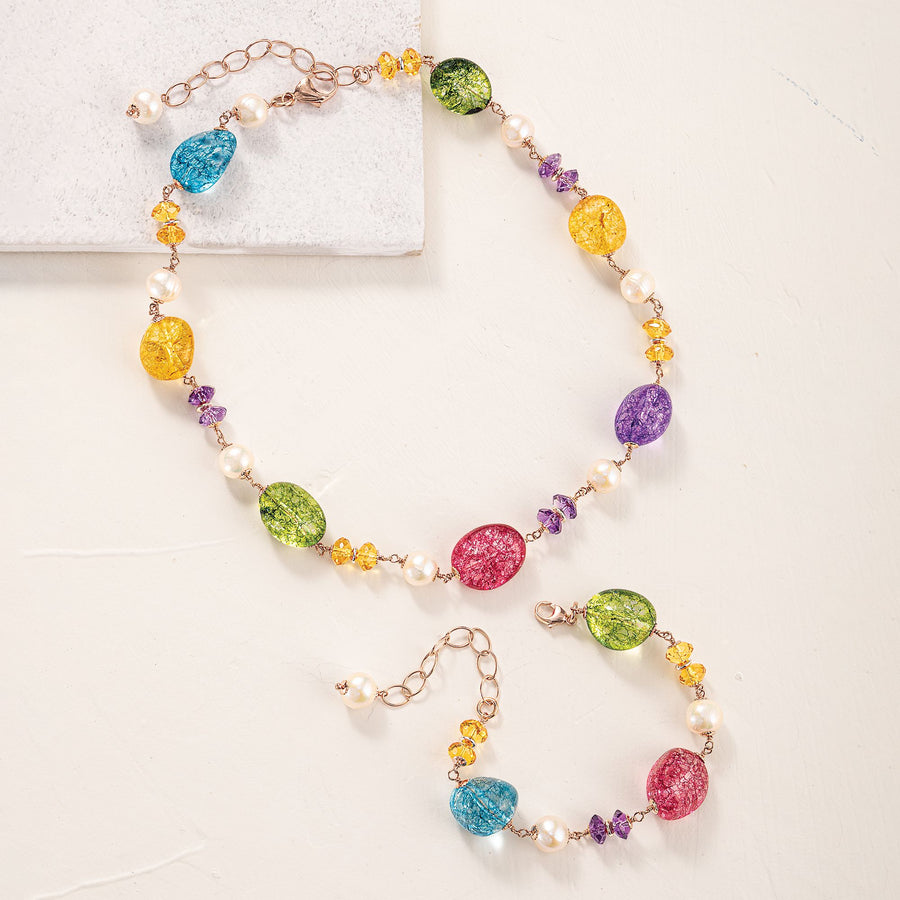 Rainbow Murano Glass & Pearls Bracelet
