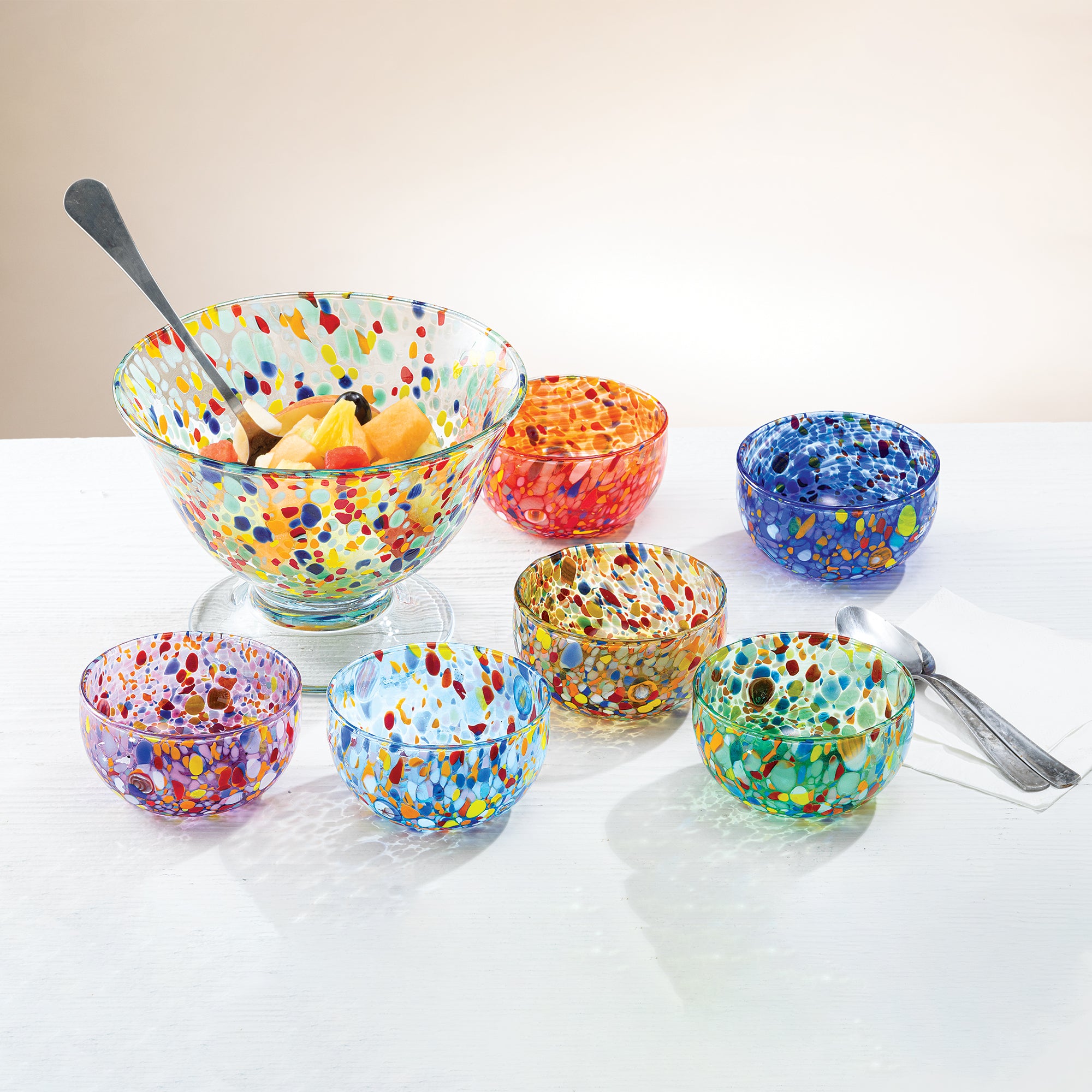 Murano-Style Rainbow Confetti Bowls Set Of 6