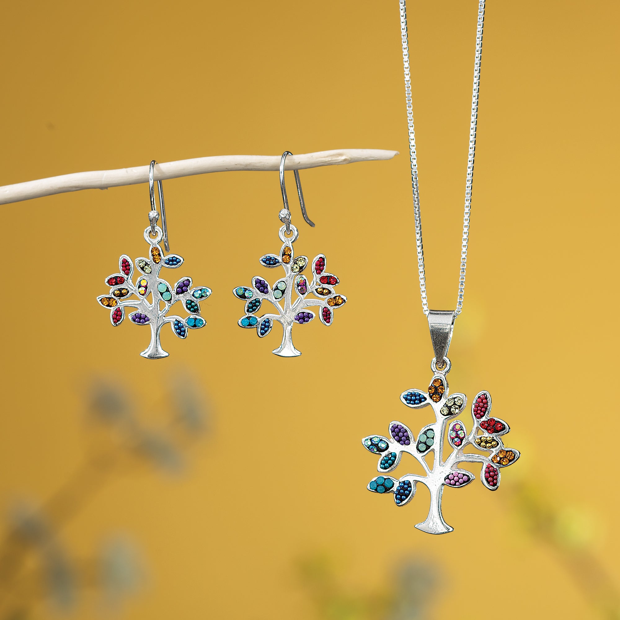 Mexican Mosaic Rainbow Tree Necklace & Earrings Set