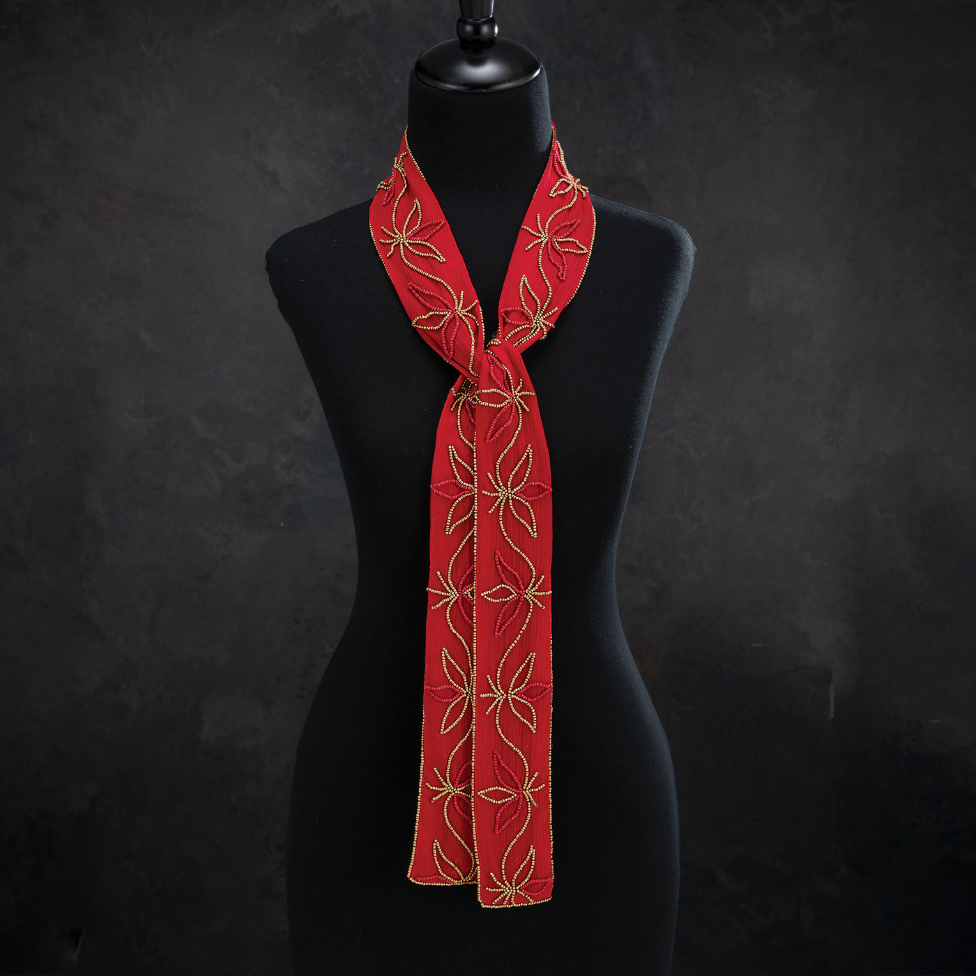 Hand-Beaded Sheer Crimson Skinny Scarf