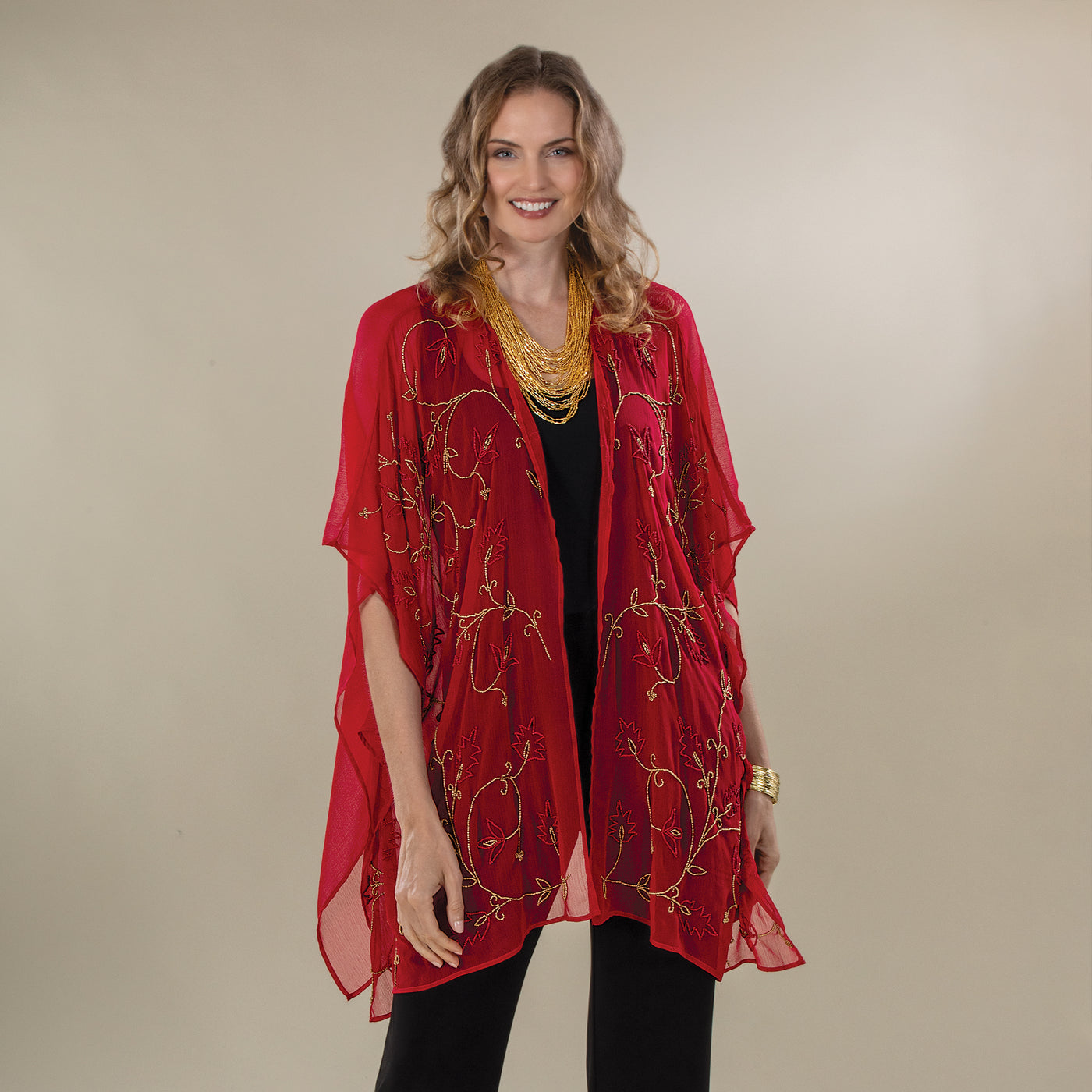 Hand-Beaded Sheer Crimson Kimono