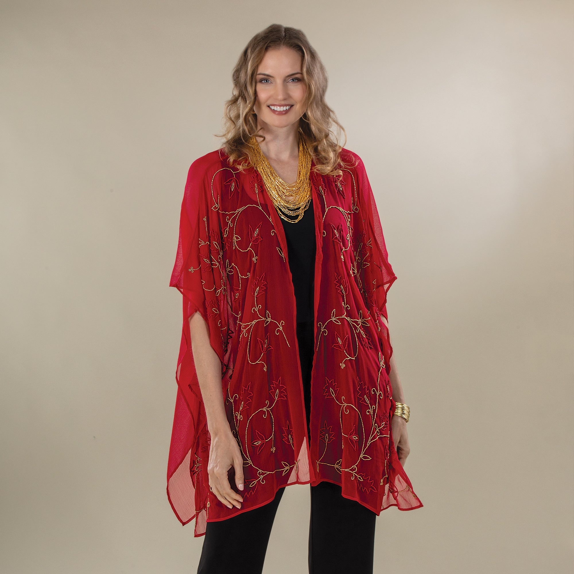 Hand-Beaded Sheer Crimson Kimono