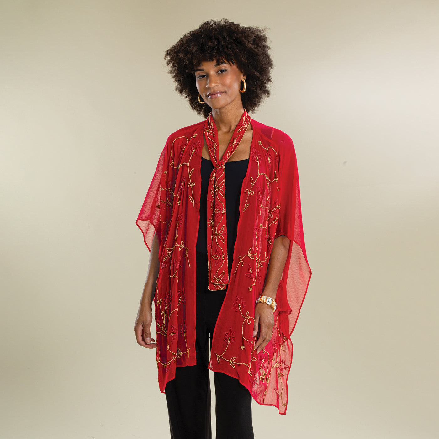 Hand-Beaded Sheer Crimson Kimono