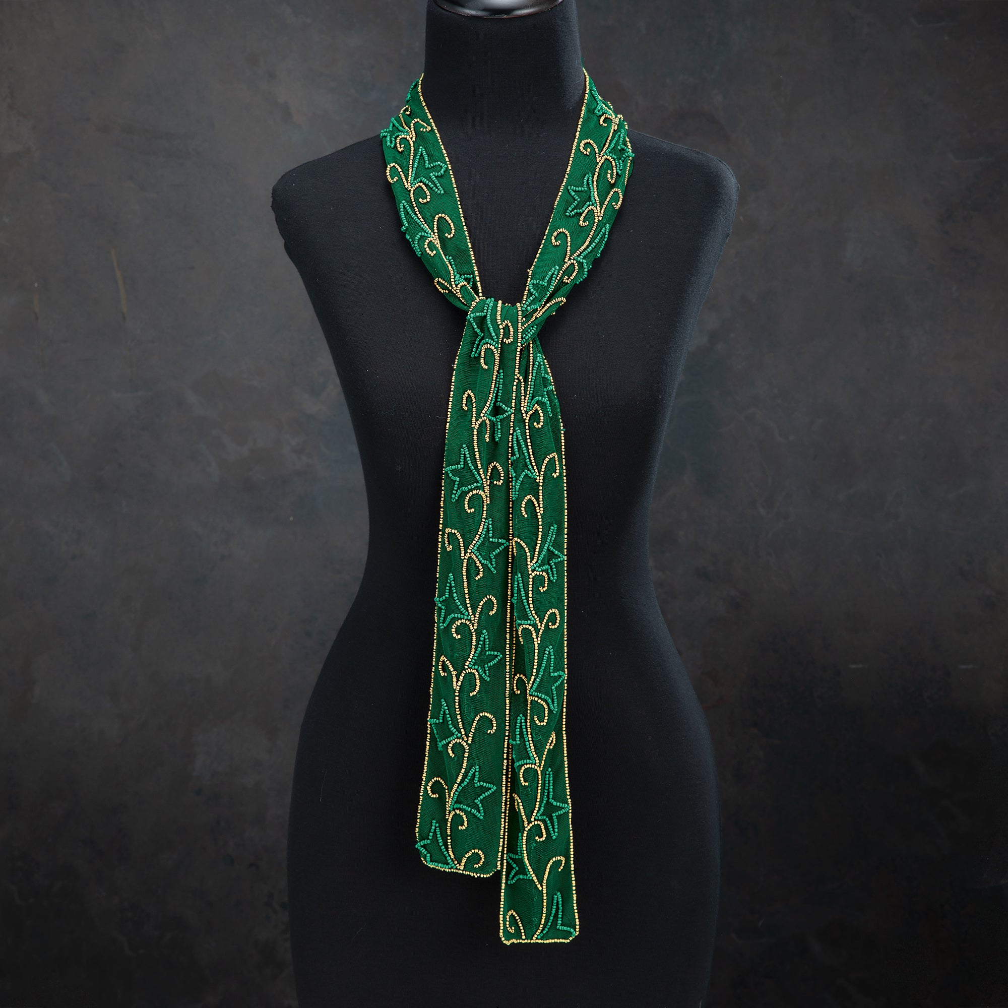 Hand-Beaded Sheer Emerald Skinny Scarf