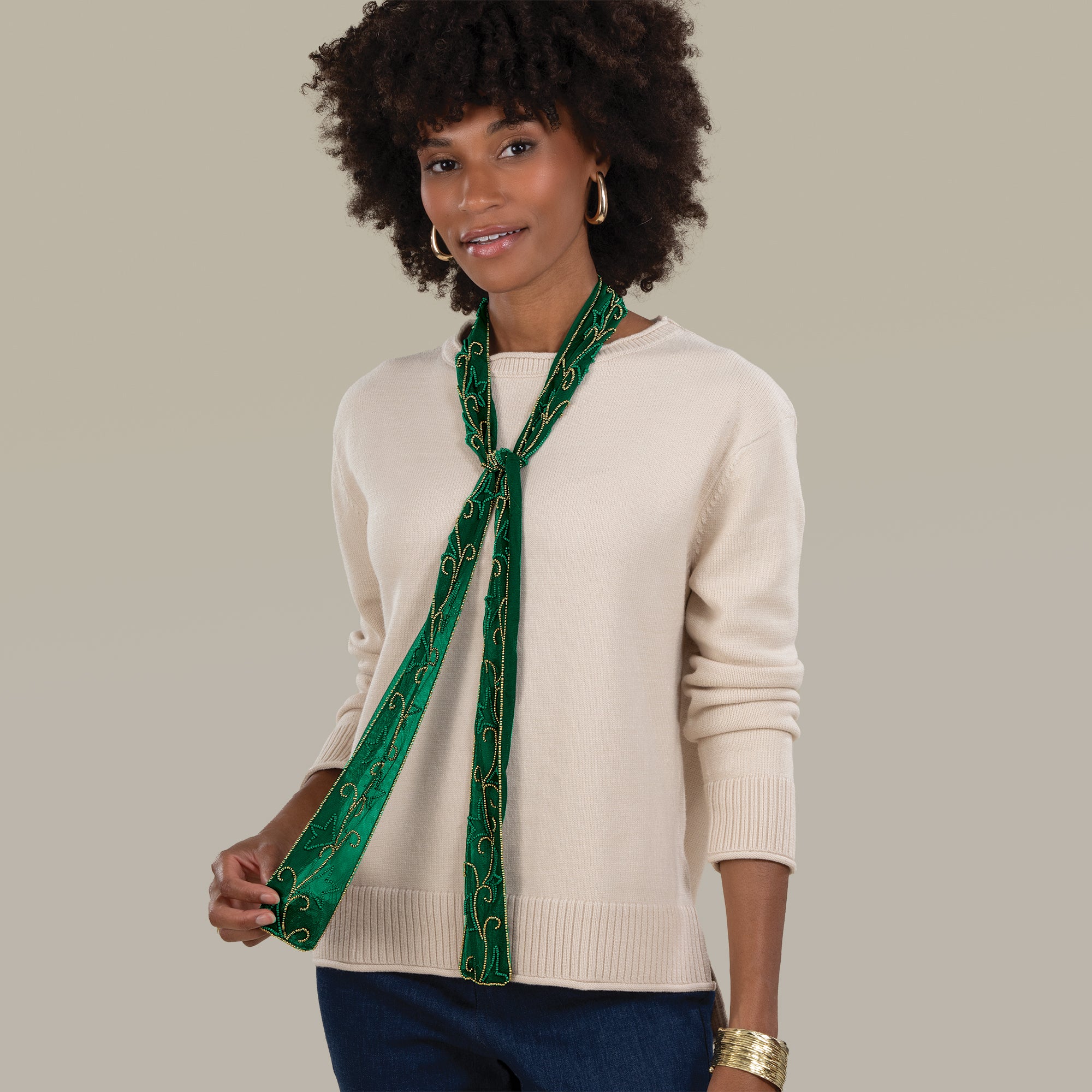 Hand-Beaded Sheer Emerald Skinny Scarf