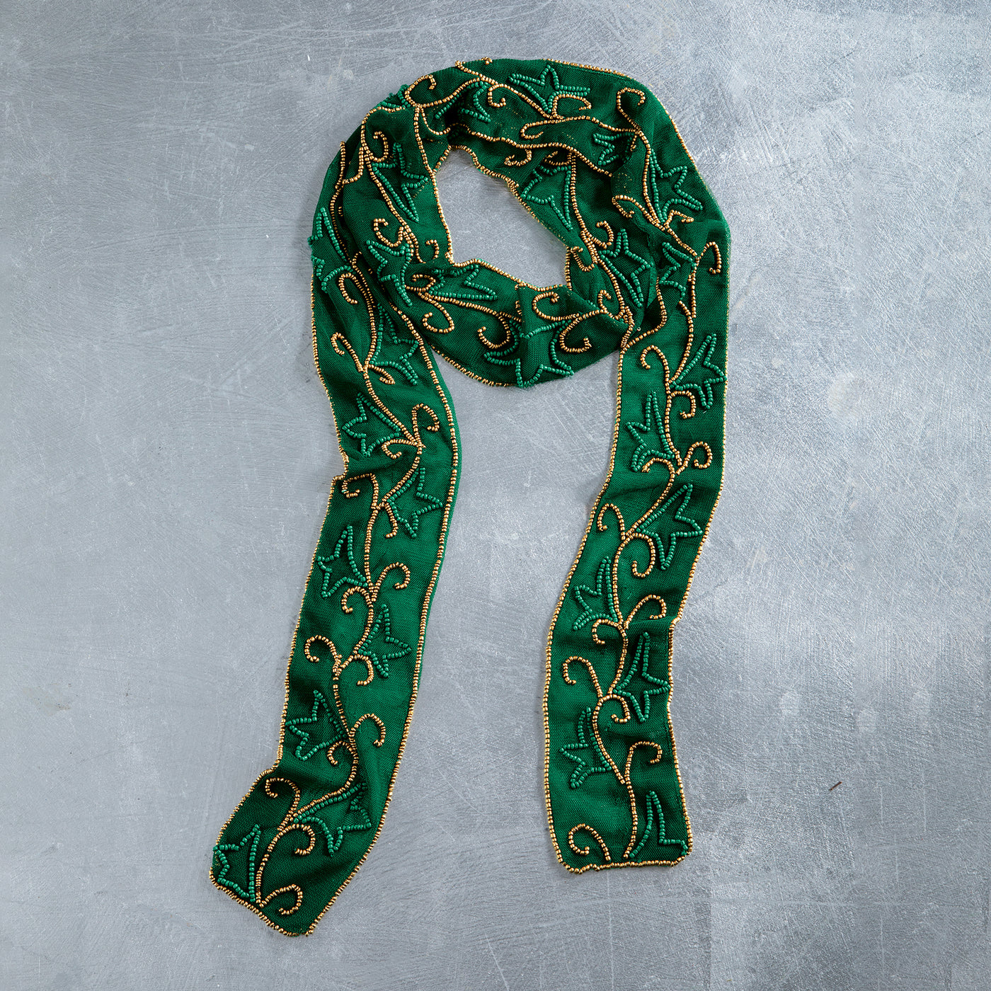 Hand-Beaded Sheer Emerald Skinny Scarf