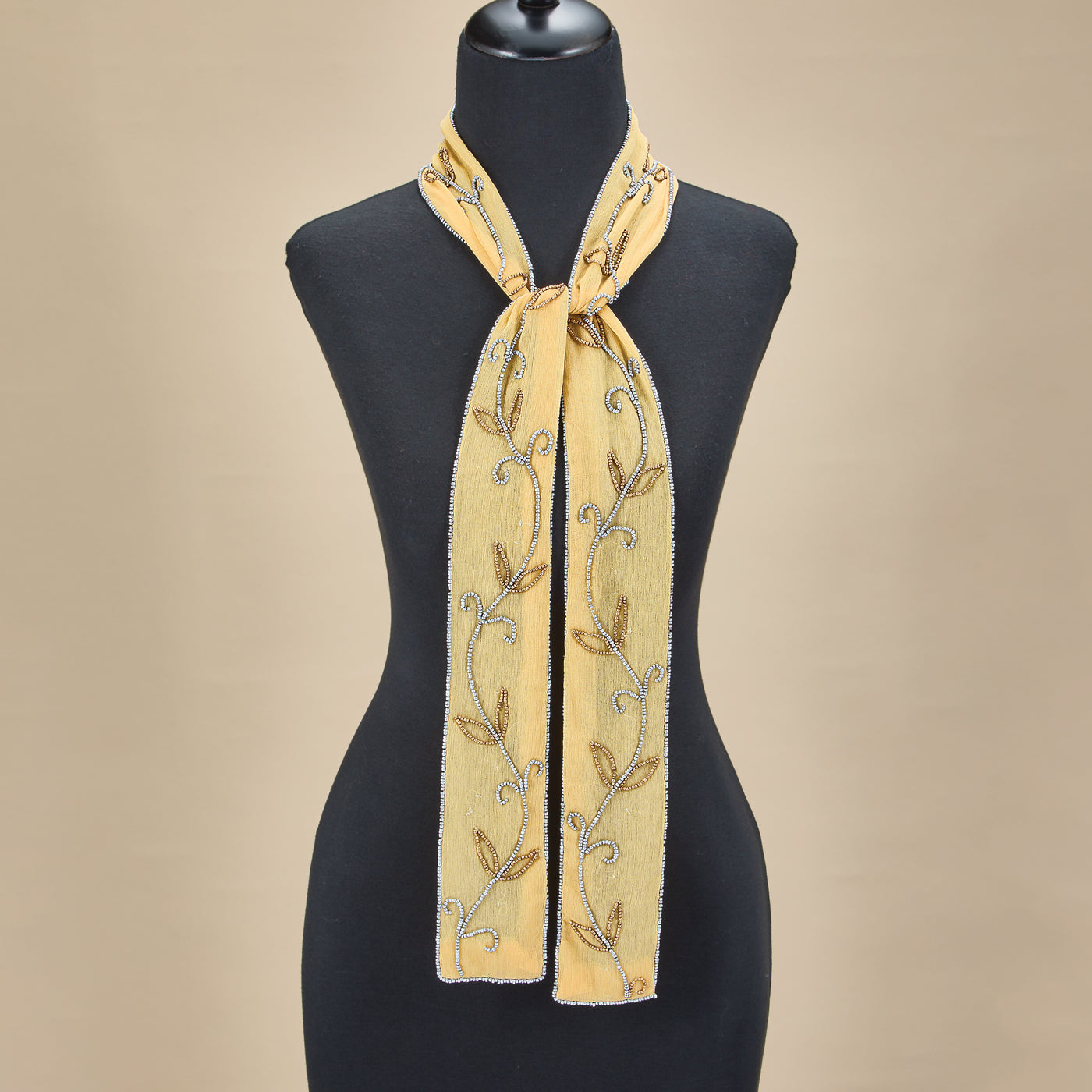 Hand-Beaded Cream & Gold Skinny Scarf