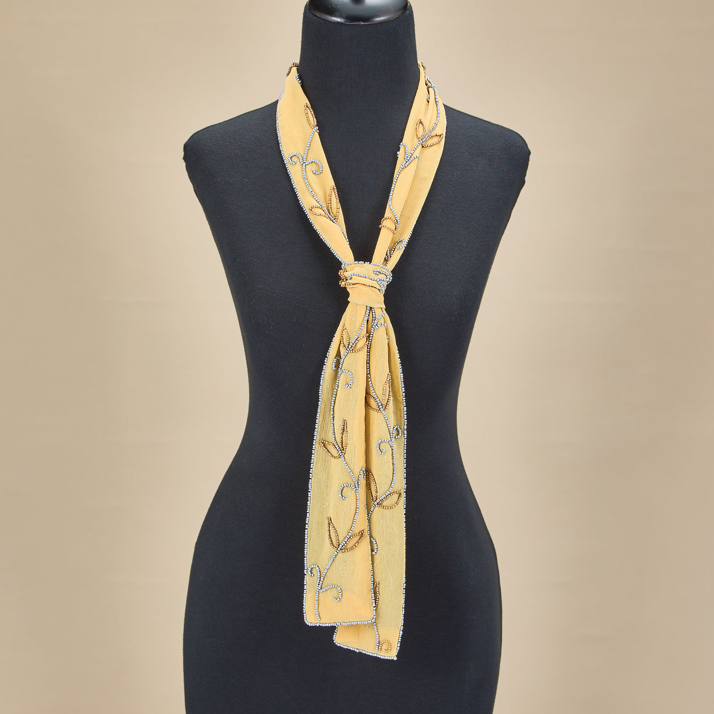 Hand-Beaded Cream & Gold Skinny Scarf