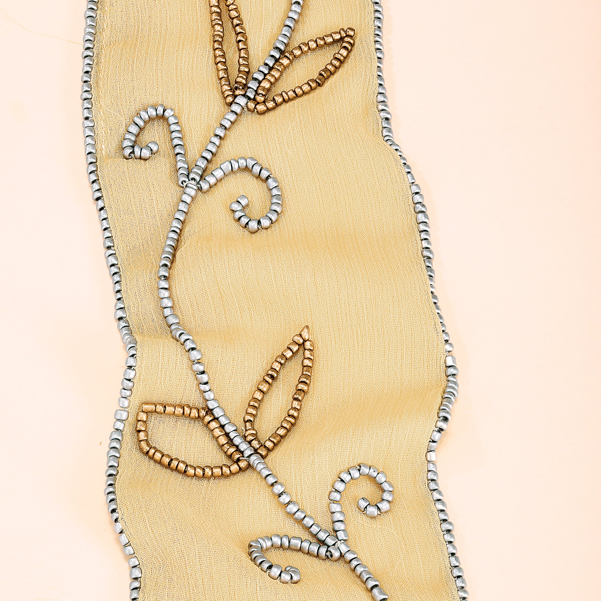 Hand-Beaded Cream & Gold Skinny Scarf