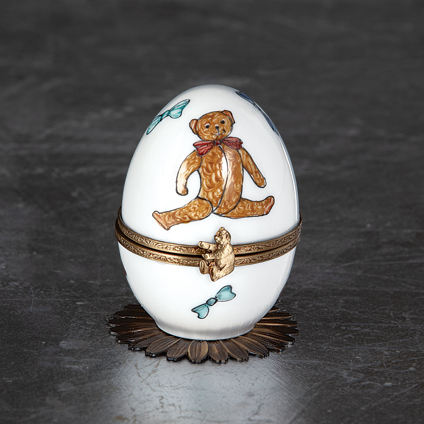 Limoges Porcelain Musical Teddy Bear Egg