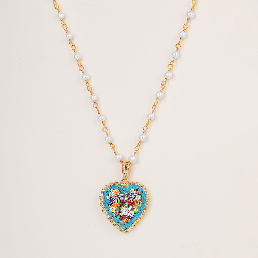 Murano Glass Inlaid Millefiori Teal Heart Necklace