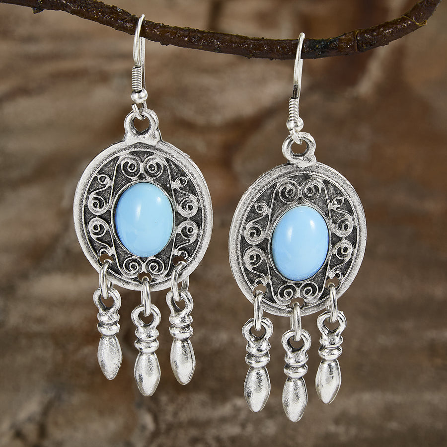 Turkish Pewter Turquoise-Inspired Cabochon Dangle Earrings