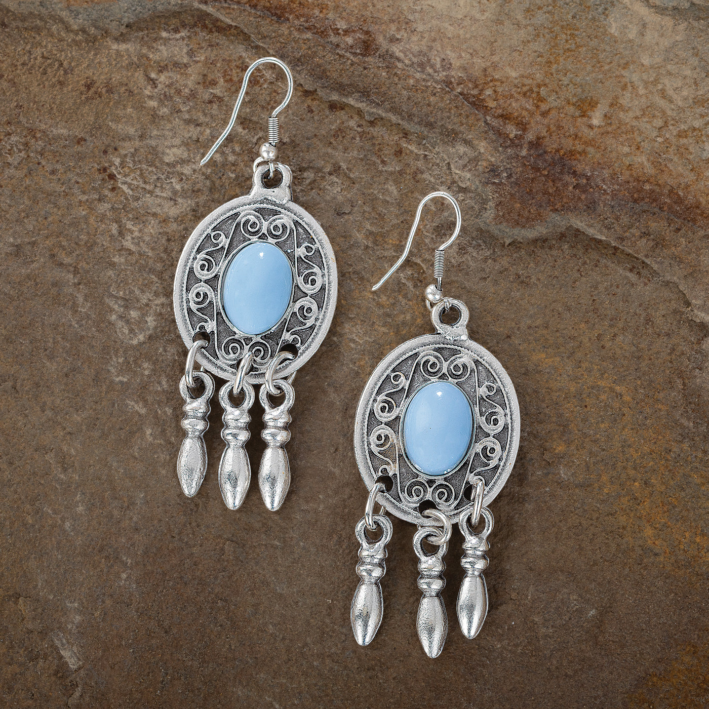 Turkish Pewter Turquoise-Inspired Cabochon Dangle Earrings