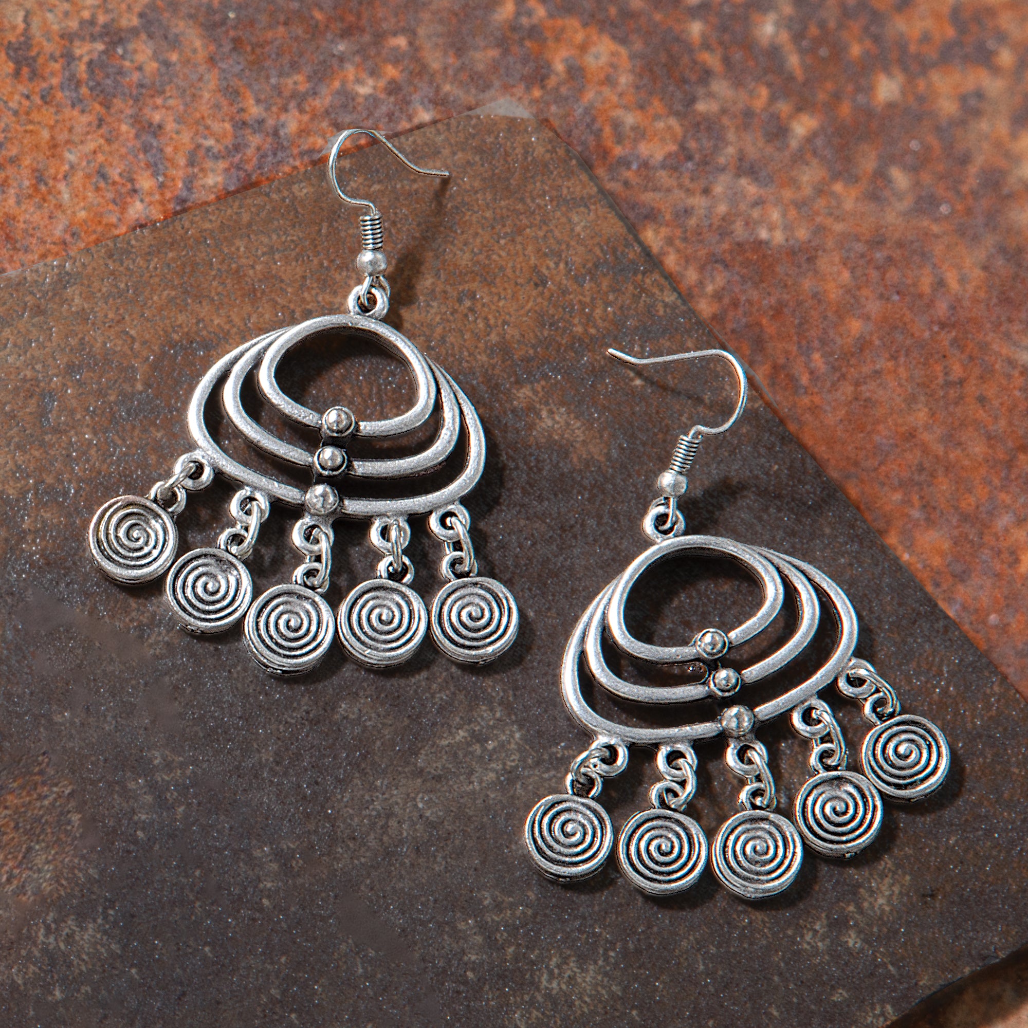 Turkish Pewter Scrolled Circle Statement Earrings