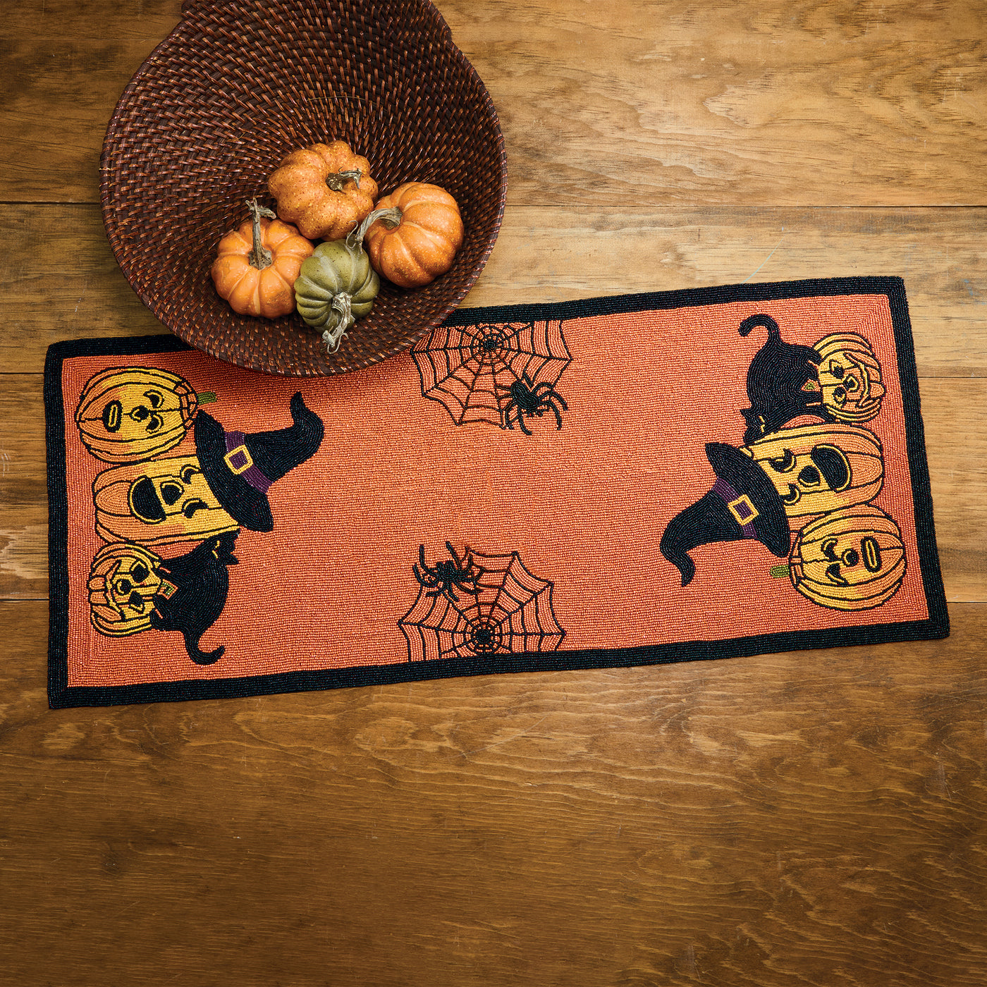 Hand-Beaded Halloween Pumpkins Table Runner