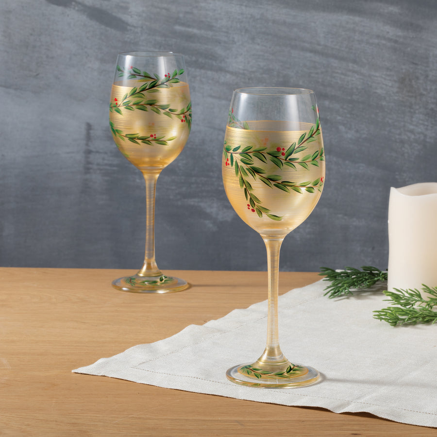 Hand-Painted Winter Evergreen Garland Wine Glass