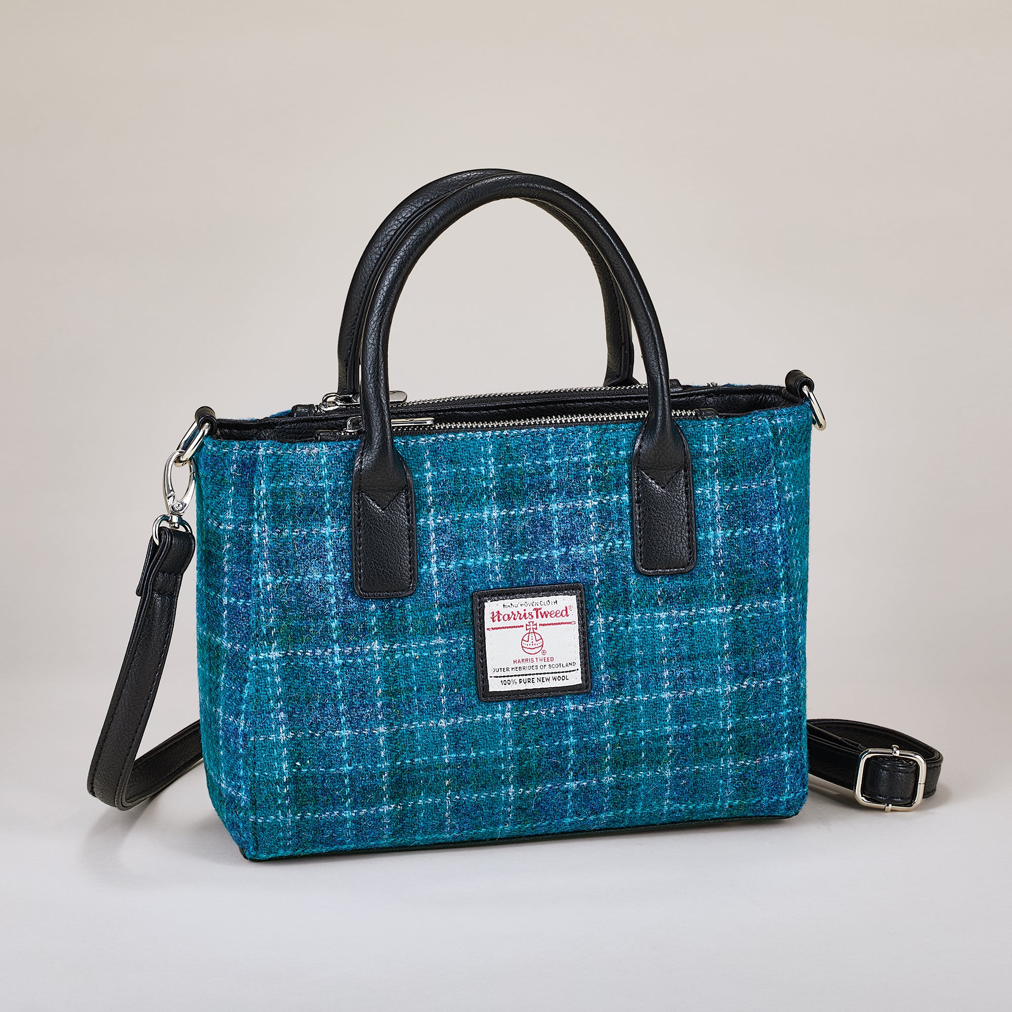 Teal Classic Plaid Harris Tweed Tote