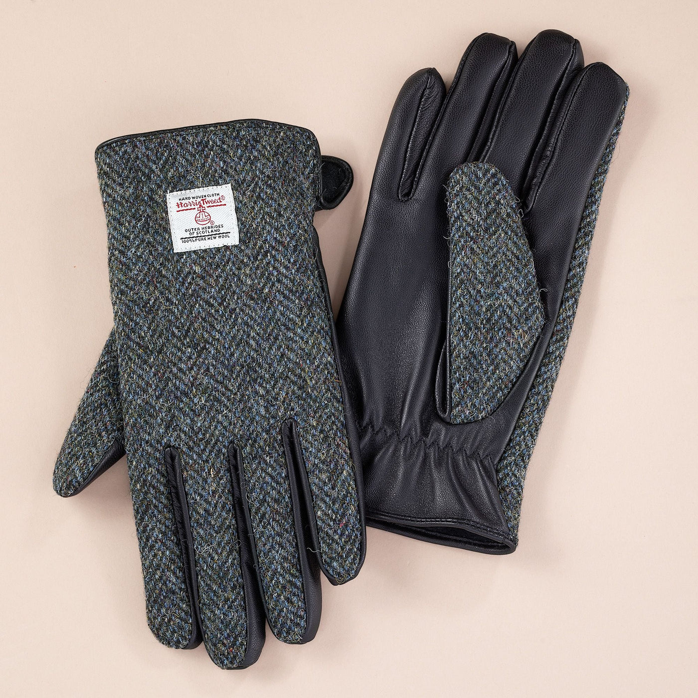 Men's Herringbone Charcoal Harris Tweed & Leather Gloves