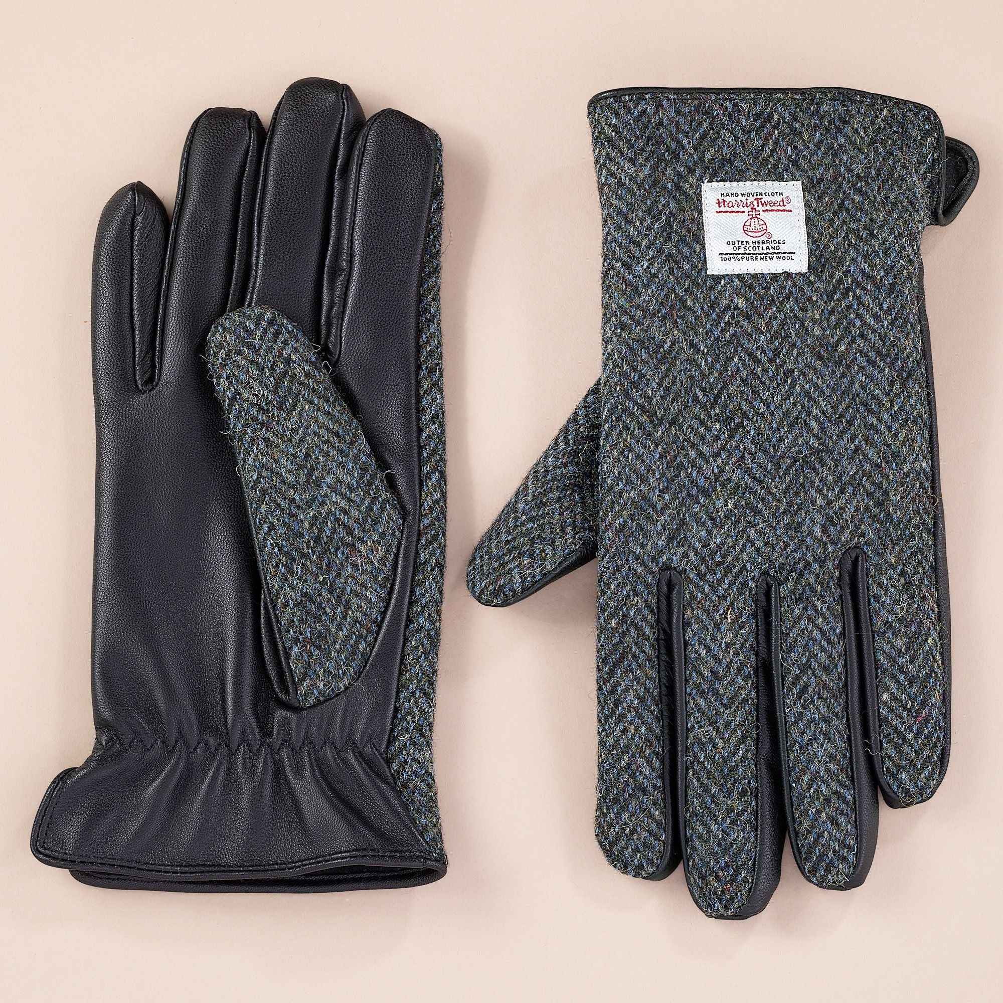 Men's Herringbone Charcoal Harris Tweed & Leather Gloves