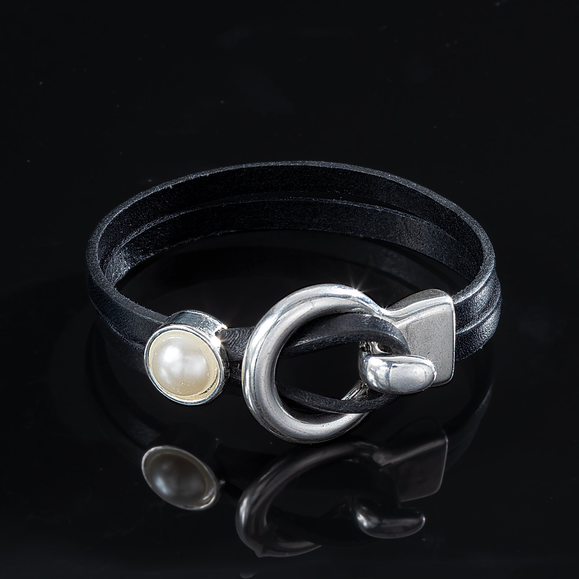 Black Leather Lock Stackable Bracelet