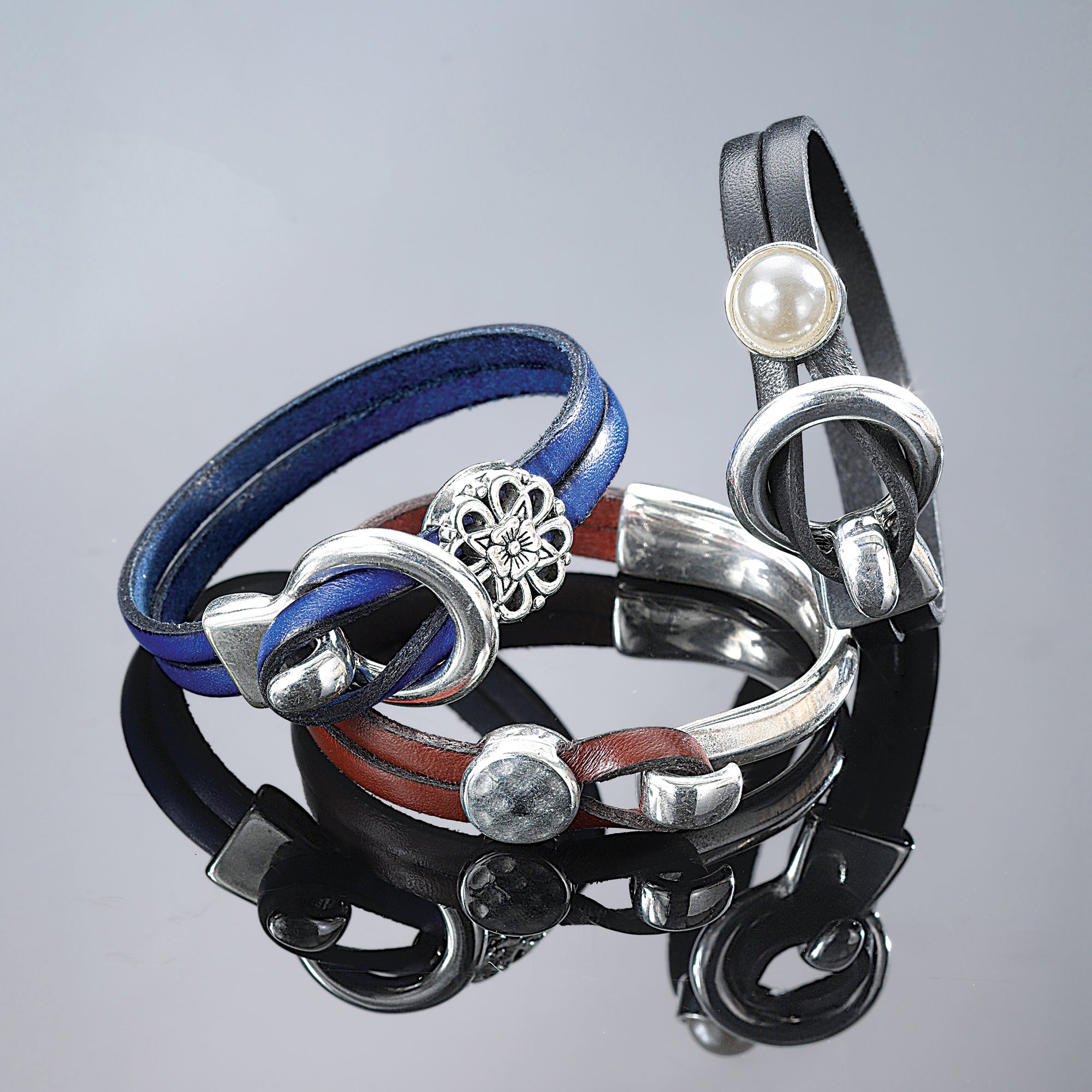 Black Leather Lock Stackable Bracelet