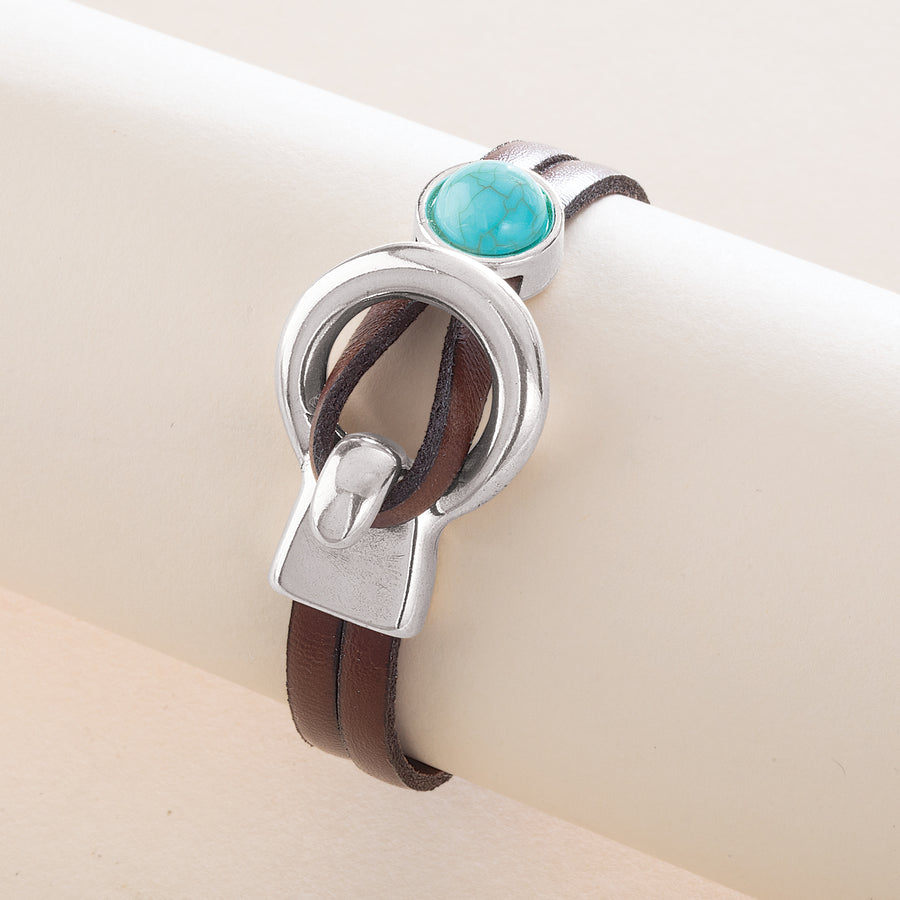 Brown Leather Lock Stackable Bracelet with Turquoise (Preorder)