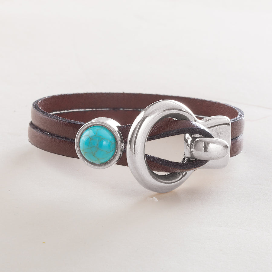 Brown Leather Lock Stackable Bracelet with Turquoise (Preorder)