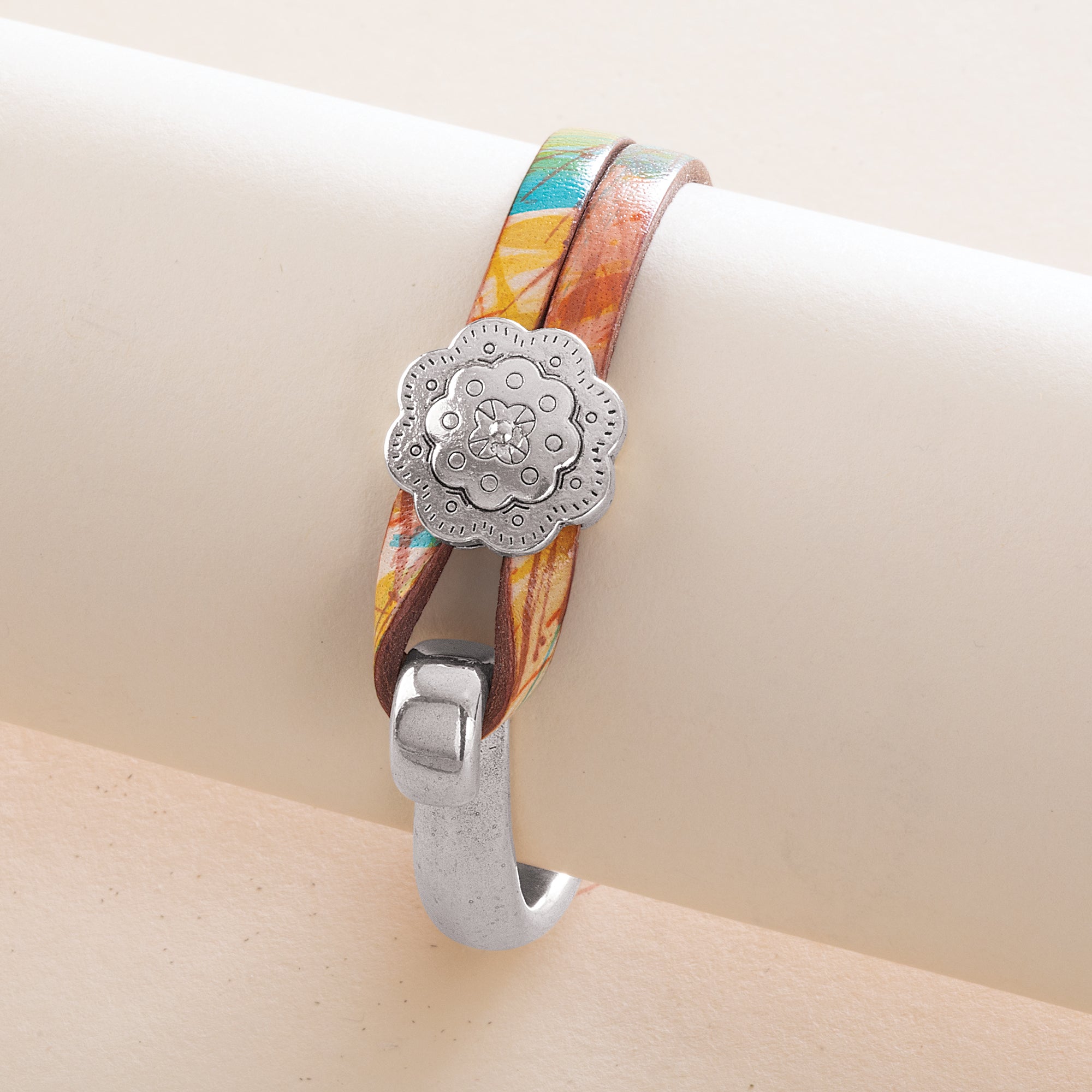 Colored Leather Lock Stackable Bracelet with Concho